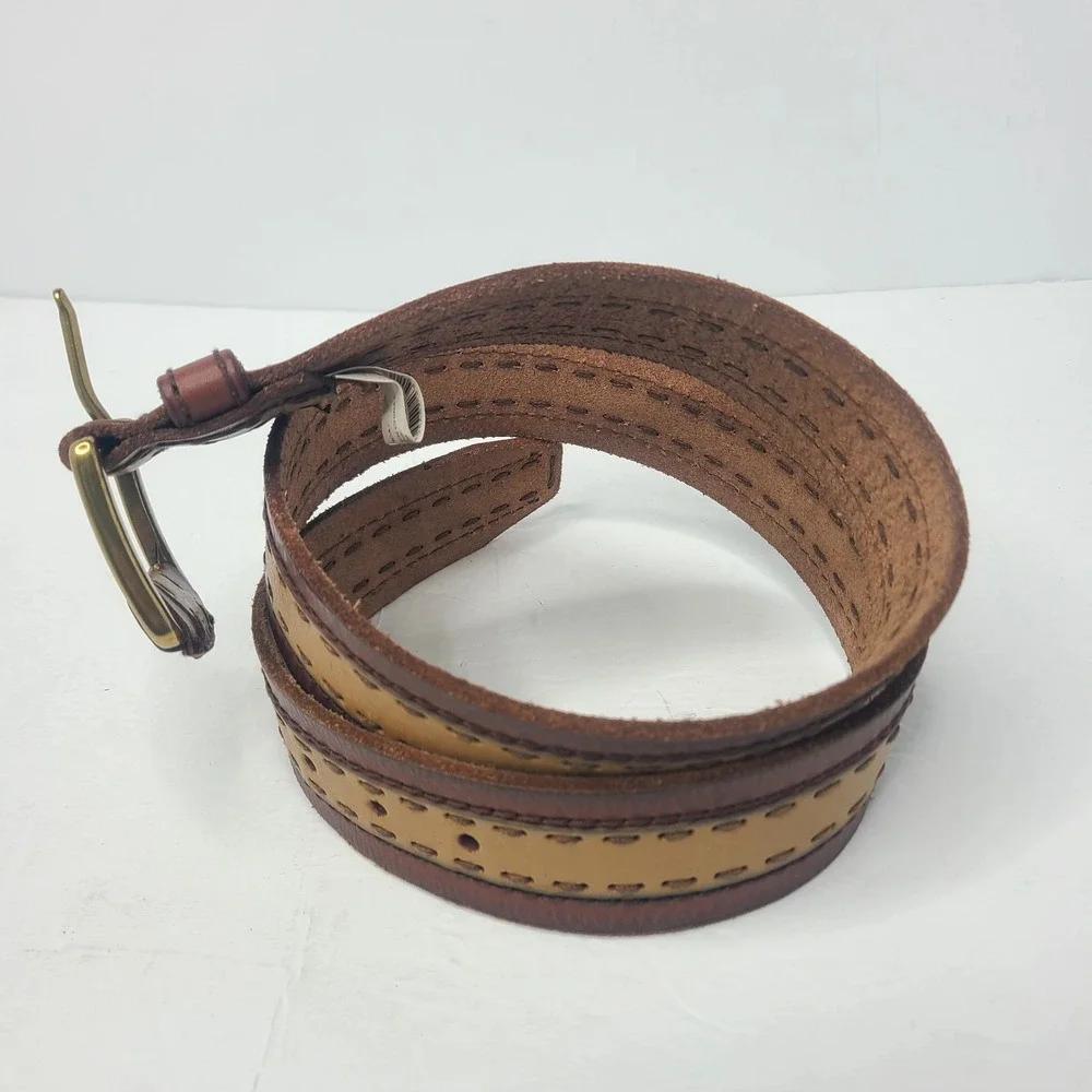 Vtg Lucky Brand Leather Belt‎ Brown Tan 36 Wide Bohemian Western Stitch Unisex